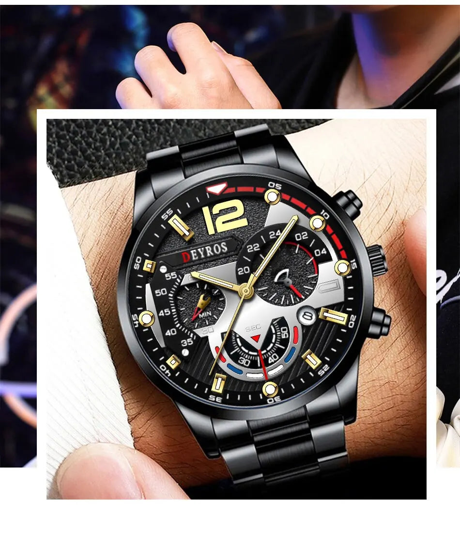 Luxury Men's Sports Quartz Watch, Stainless Steel, Luminous