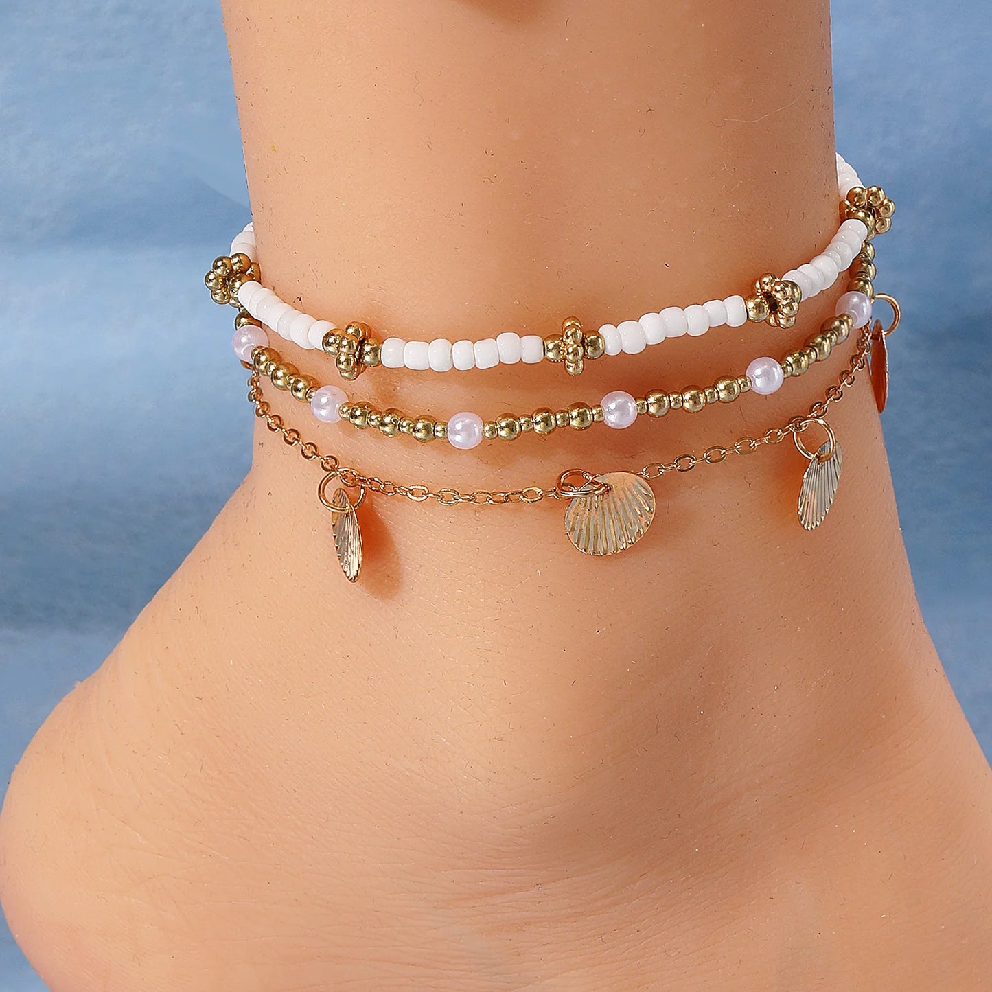3PCS Retro Pearl & Shell Butterfly Anklet Set