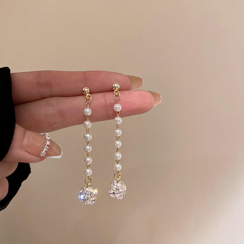 “Long Pearl Rhinestone Drop Earrings”