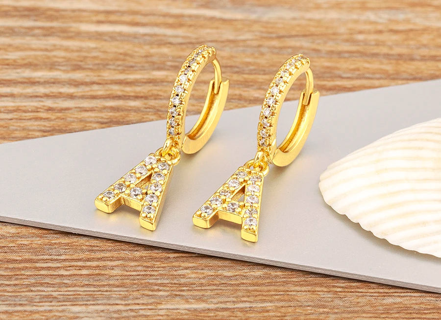 "Gold Zircon Alphabet Hoop Earrings A–Z – Fashion Jewelry Gift