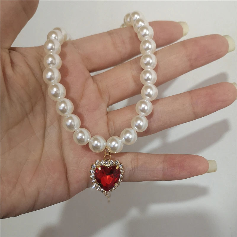 Baroque Red Crystal Heart Pearl Necklace