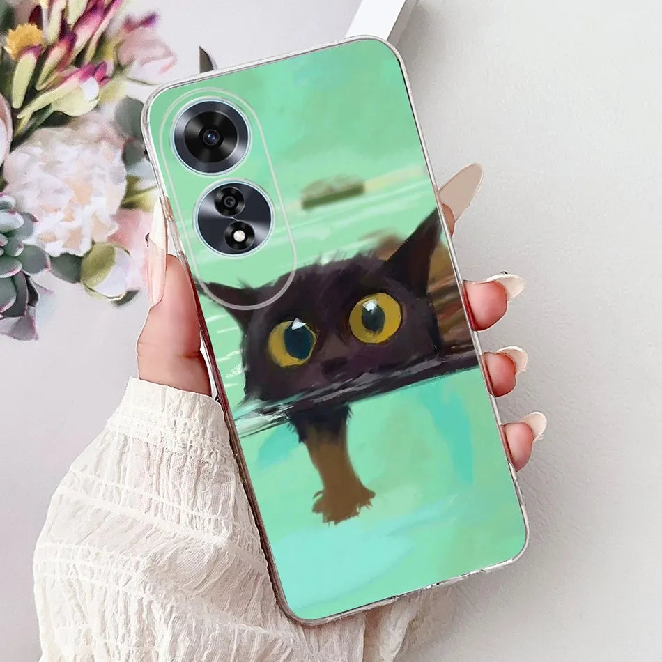 Elegant Floral Cat TPU Cover – OPPO A60