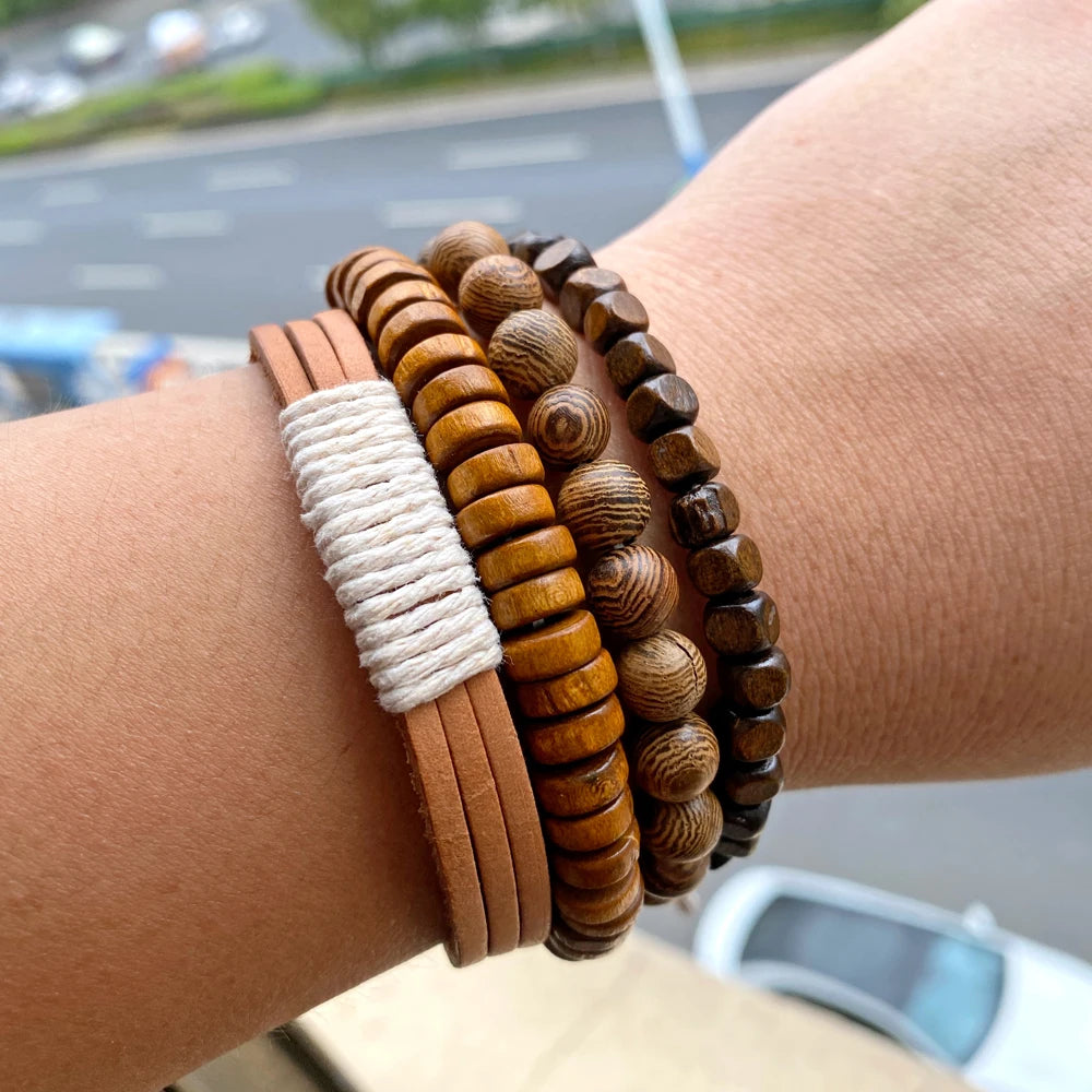 “Men’s Multilayer Wooden Bead Bracelet