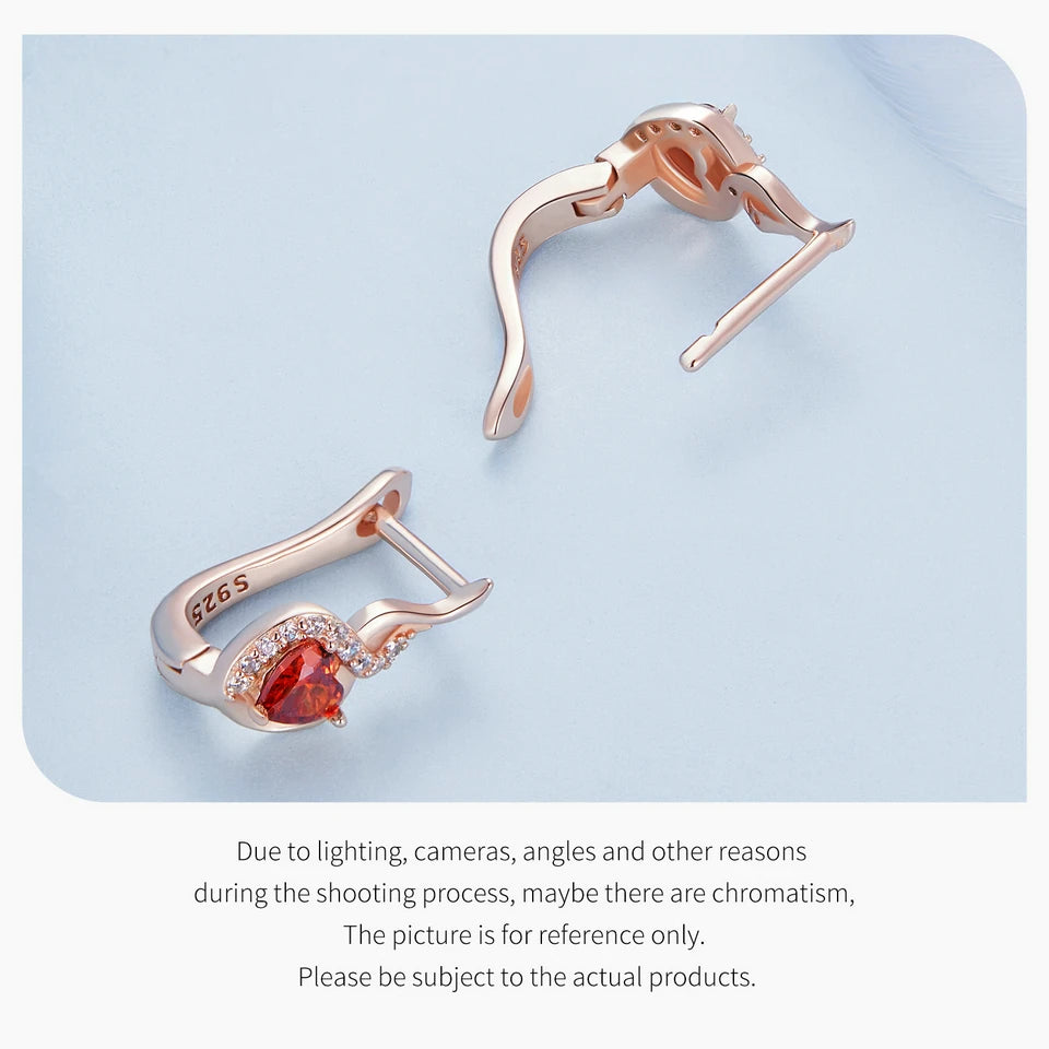 “925 Silver Rose Gold Red Heart Ear Clips”