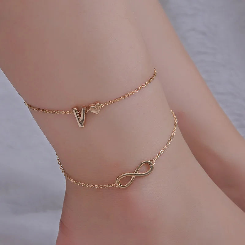 Boho Initial Anklet, Silver Infinity & Heart