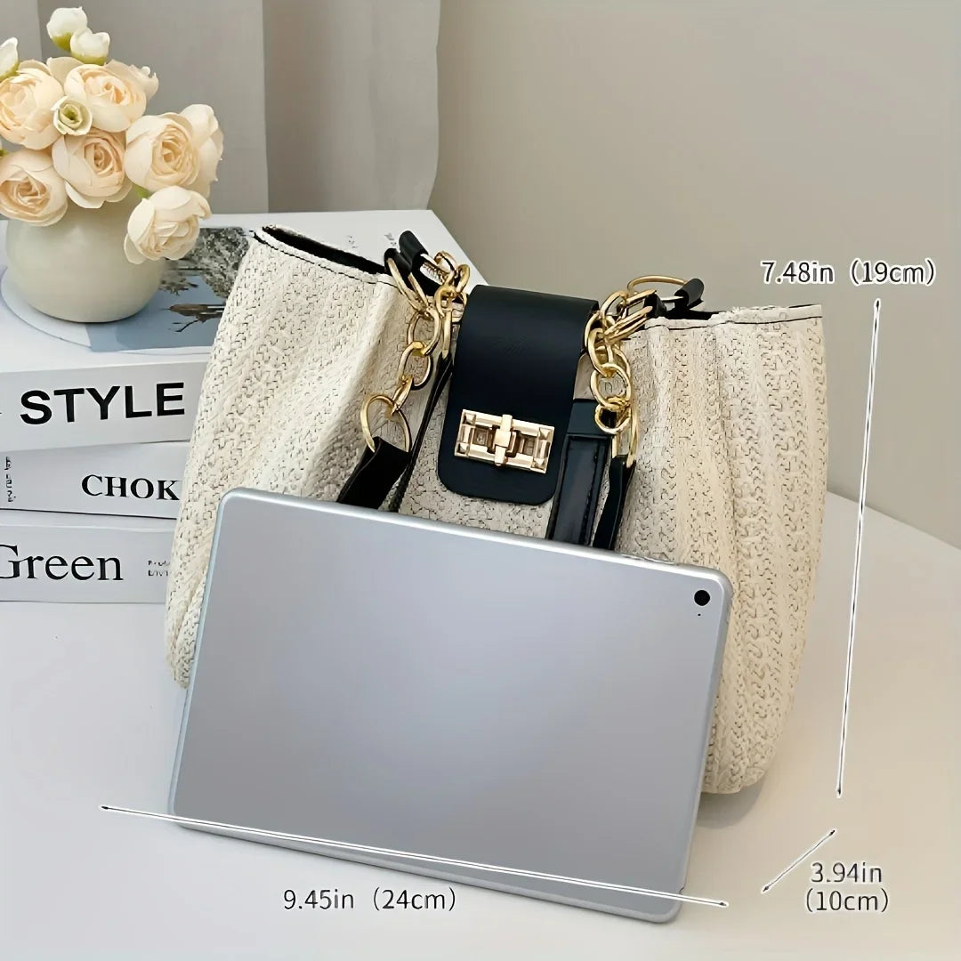 Chic Straw Woven Tote with Chain Leather Strap
