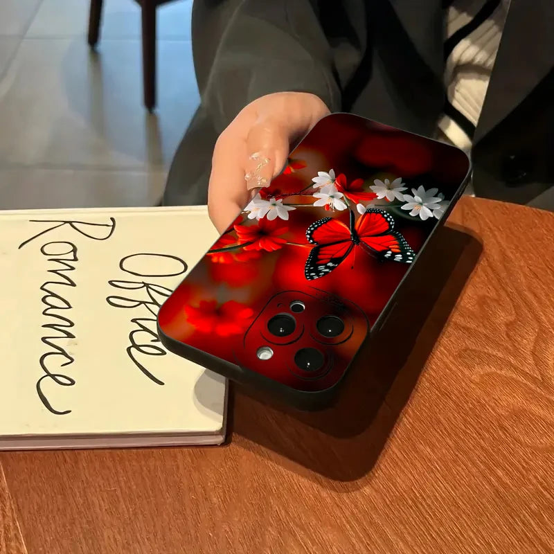 For iPhone 14 13 15 16 Pro Max Case Red Butterfly Flower Phone Case for iPhone 11 12 Mini Pro X XS XR 7 8 14 15 Plus SE2 Cover