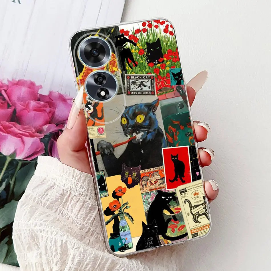 Elegant Floral Cat TPU Cover – OPPO A60