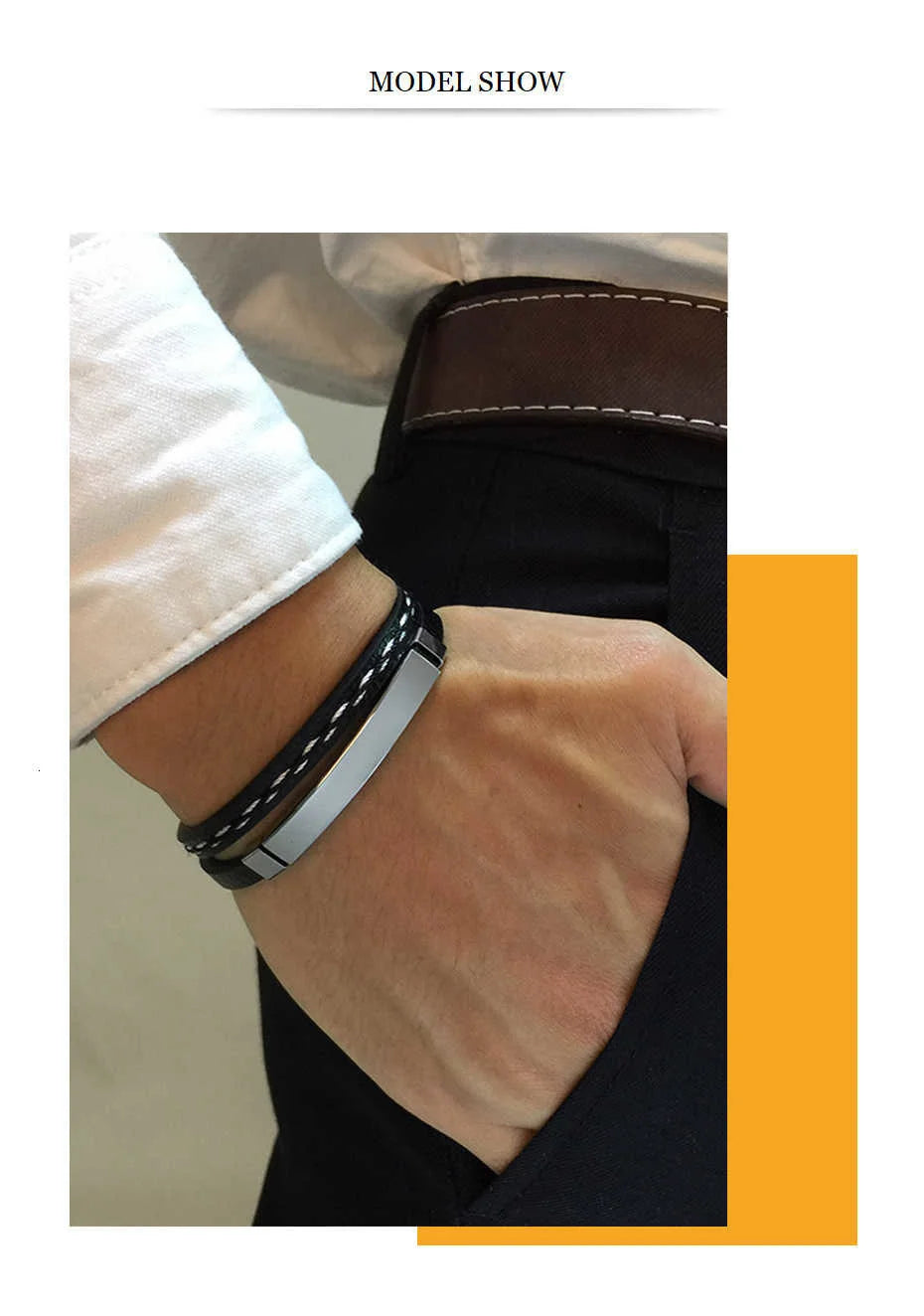 Vnox Unique Sew Lines Genuine Leather Bracelets for Men Women Stainless Steel Bar Layered Bangle Causal Pulseira