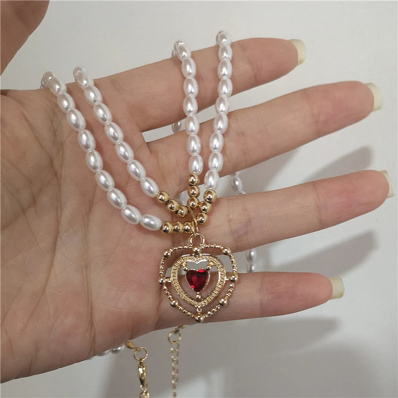 Baroque Red Crystal Heart Pearl Necklace