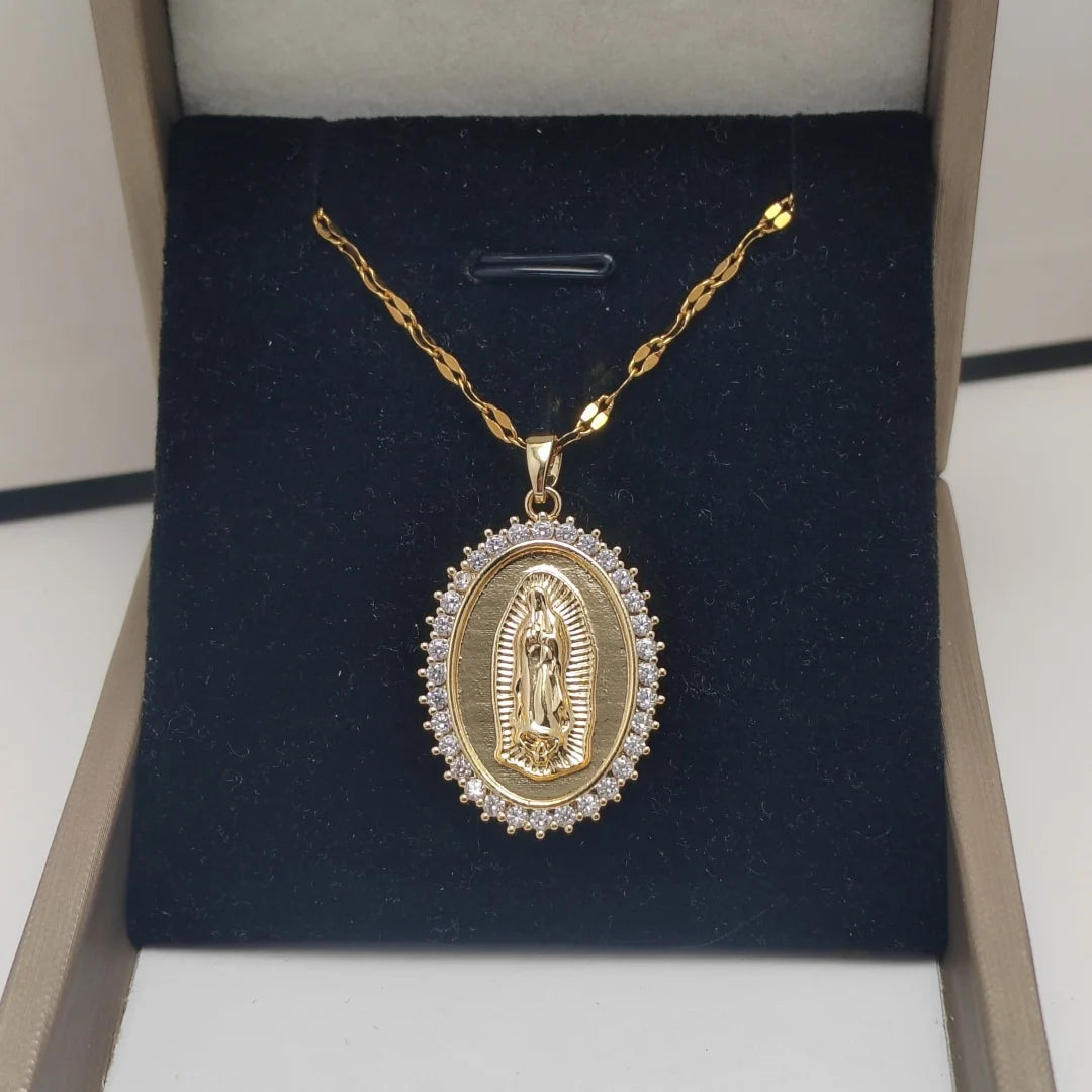 Copper Virgin Mary Zircon Pendant Necklace