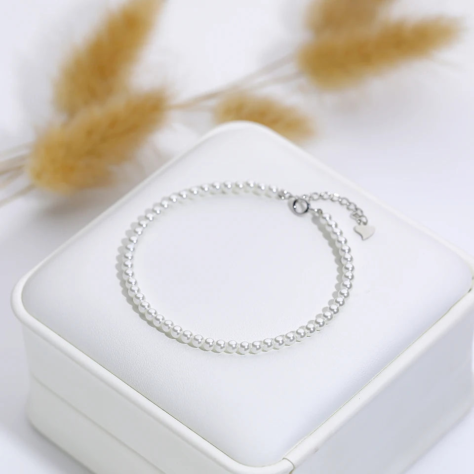 "925 Silver White Pearl Bracelet – 6mm Bead Bangle Gift.