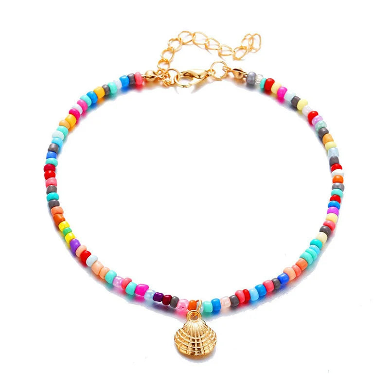 Rainbow Beads Shell Anklet, Gold & Silve
