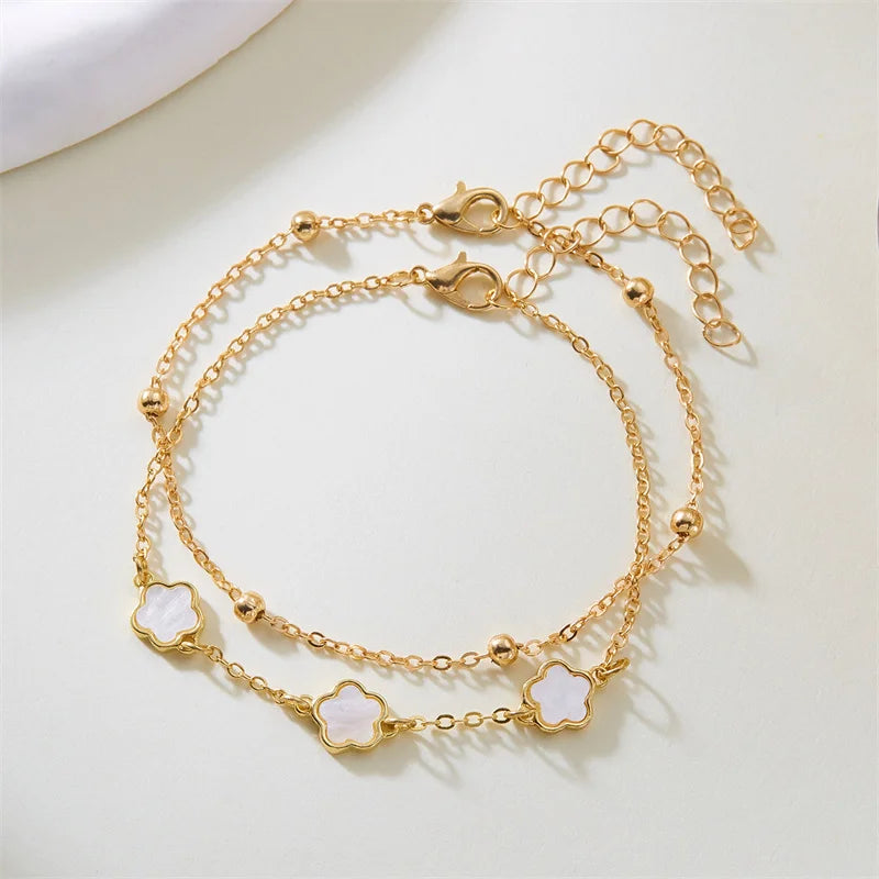 2PCS Lucky 5-Leaf Clover Anklet Set with Flower Charm