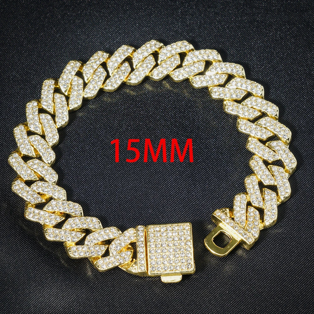 “15mm Silver Cuban Link Rhinestone Bracelet”