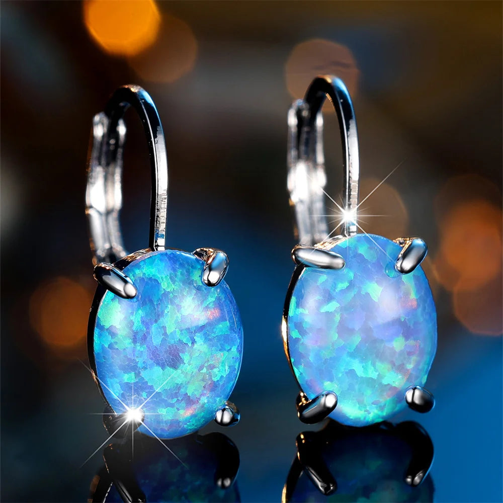 “Oval Opal Hoop Earrings for Women”
