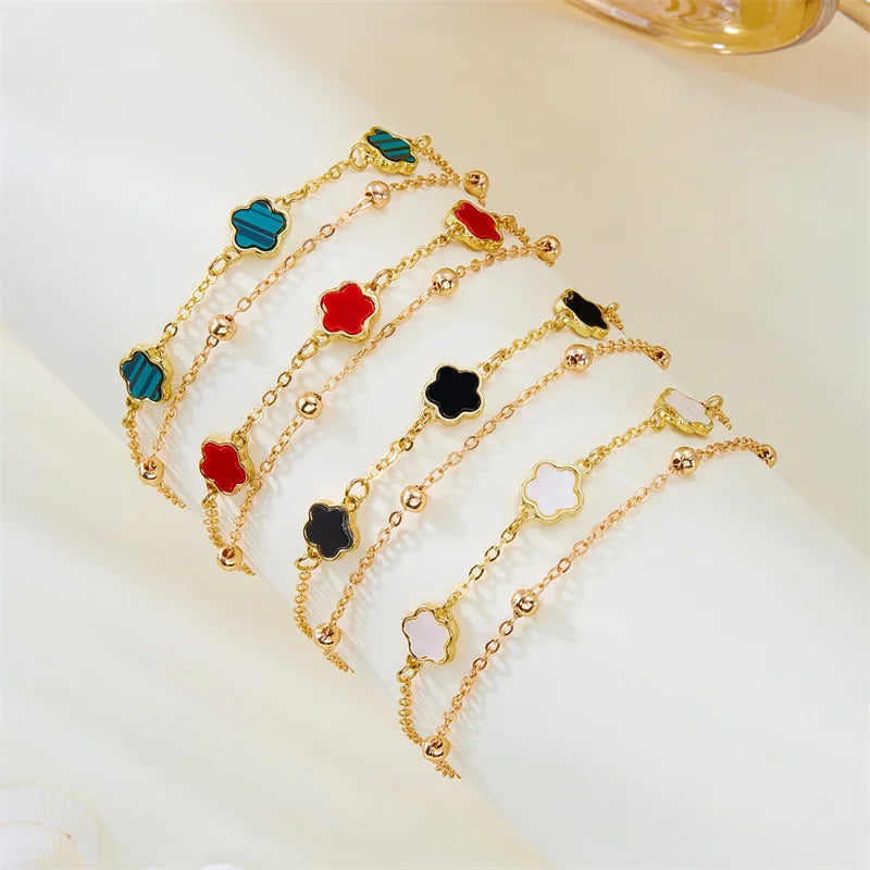 2PCS Lucky 5-Leaf Clover Anklet Set with Flower Charm