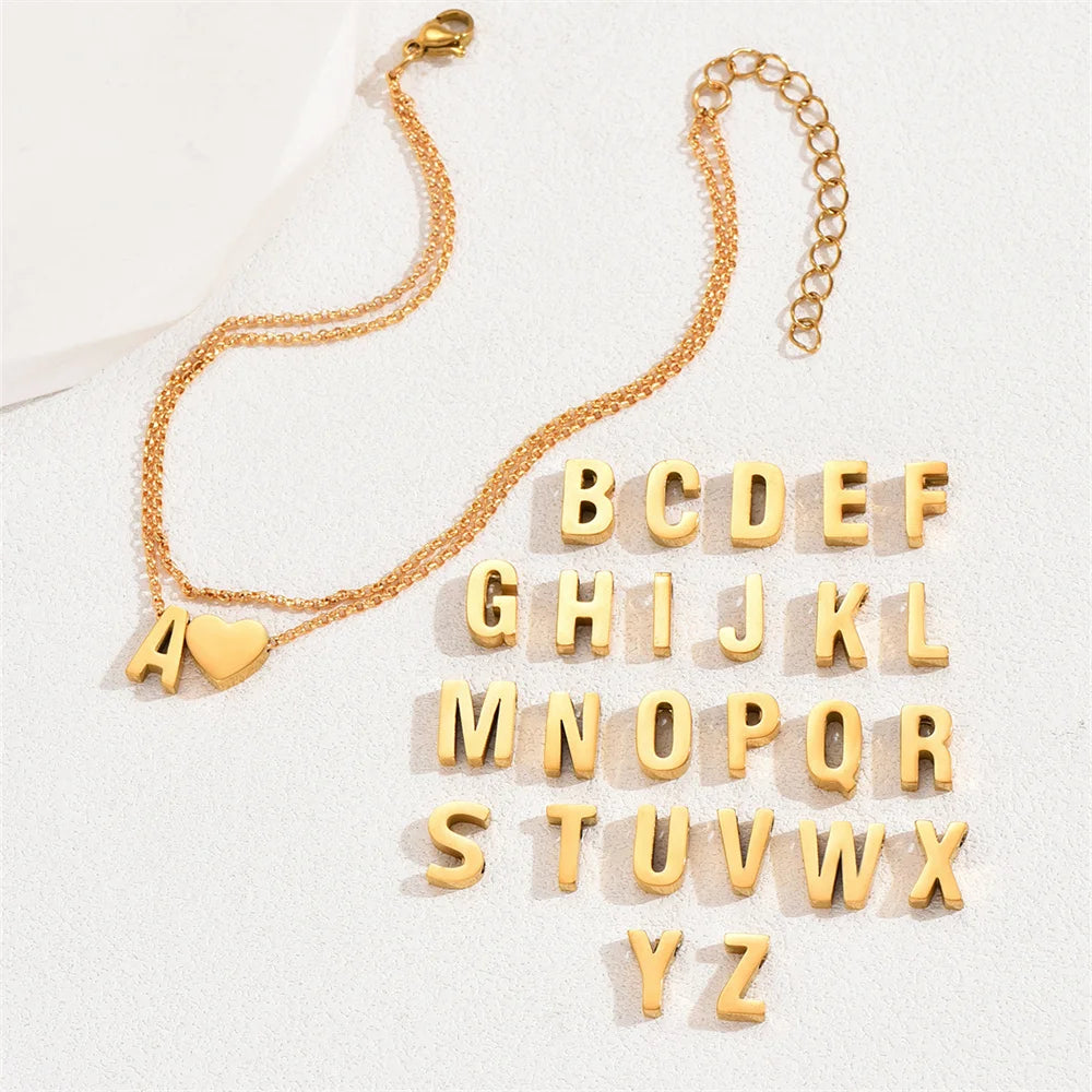 A-Z Letter Anklet, Stainless Steel, Heart Charm