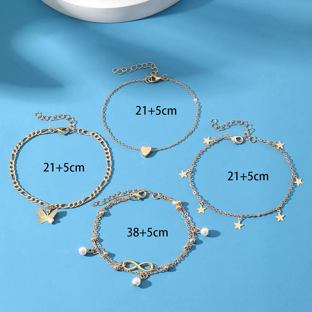 Boho Gold Snake Anklet Set with Charms