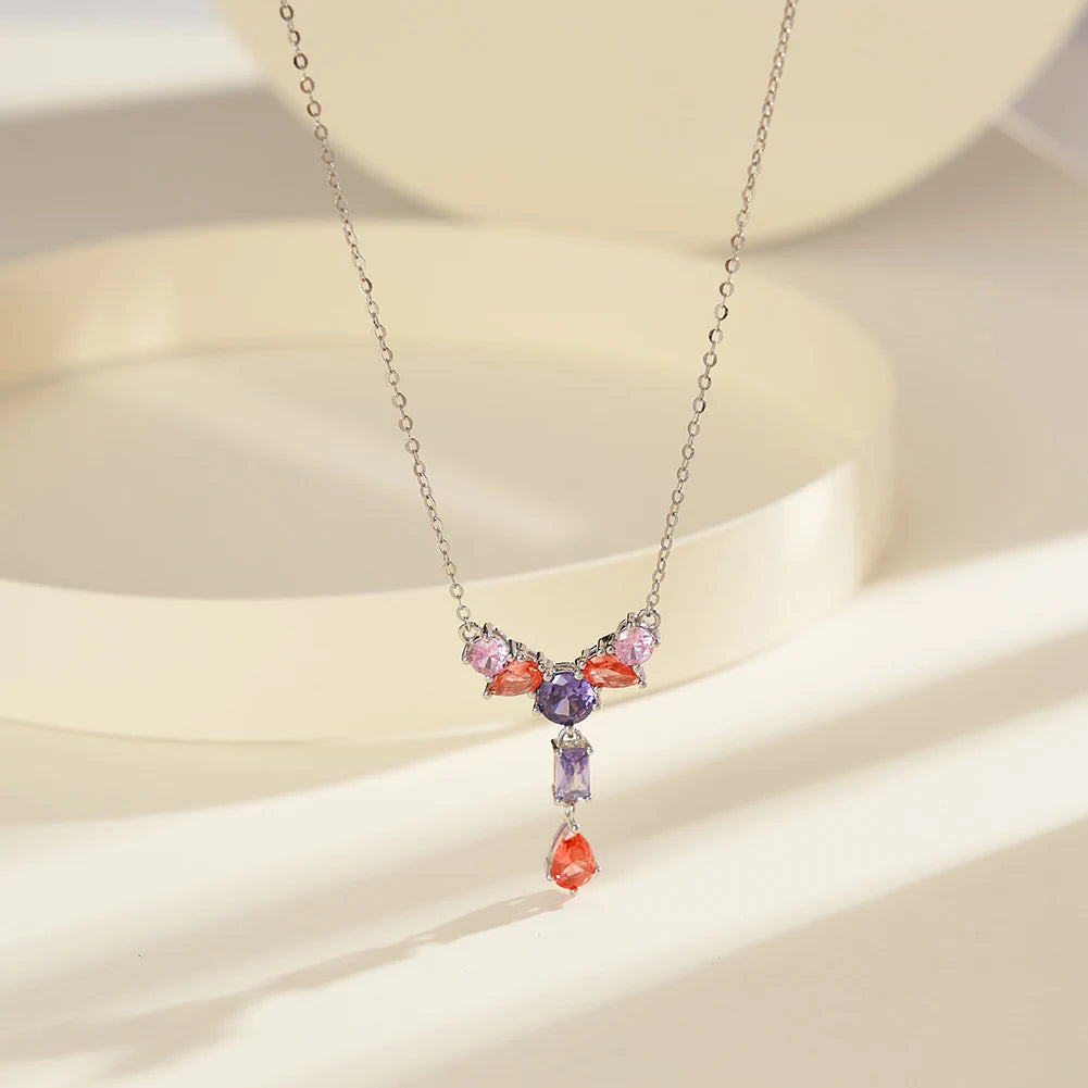 925 Silver Pink, Red & Purple Zirconia Necklace