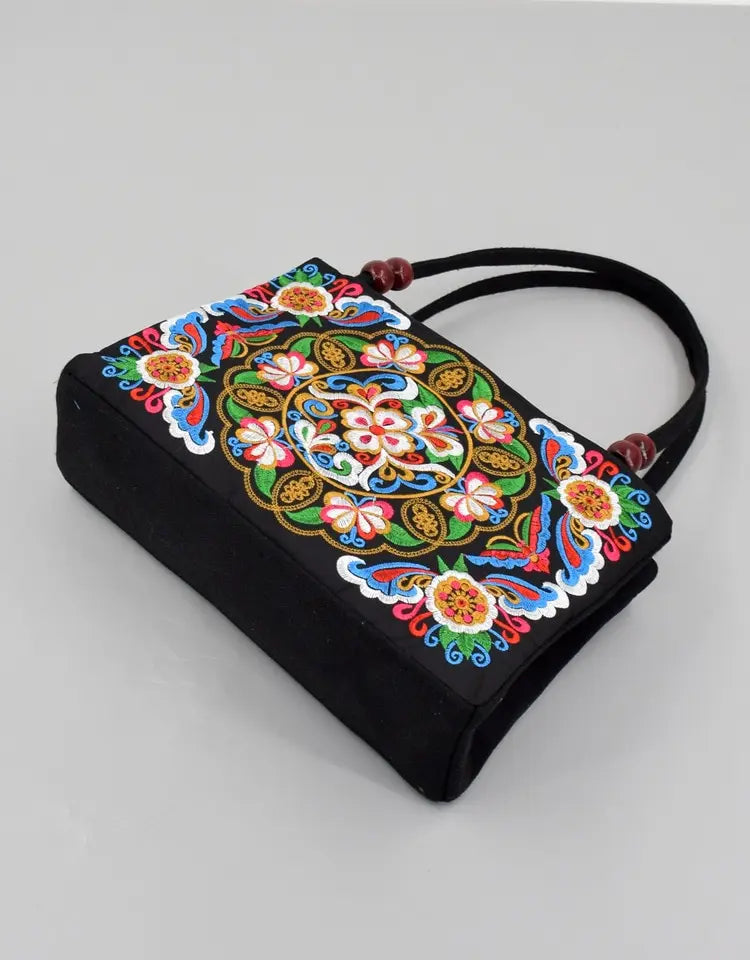 Floral Embroidered Canvas Handbag