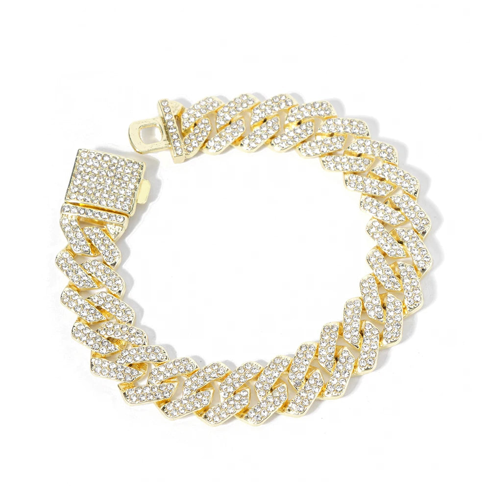 “15mm Silver Cuban Link Rhinestone Bracelet”