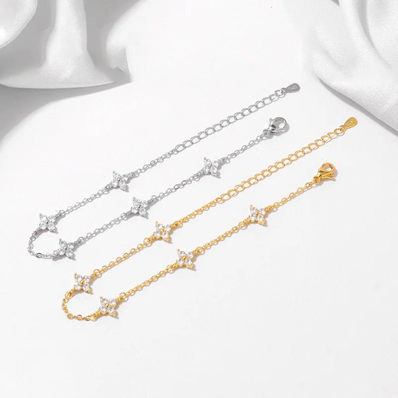 925 Silver CZ Four-Leaf Flower Bracelet