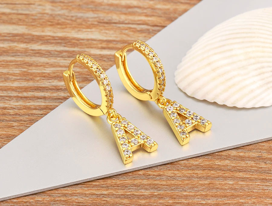 "Gold Zircon Alphabet Hoop Earrings A–Z – Fashion Jewelry Gift
