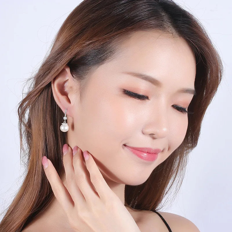 “925 Silver Long Pearl CZ Pendant Earrings