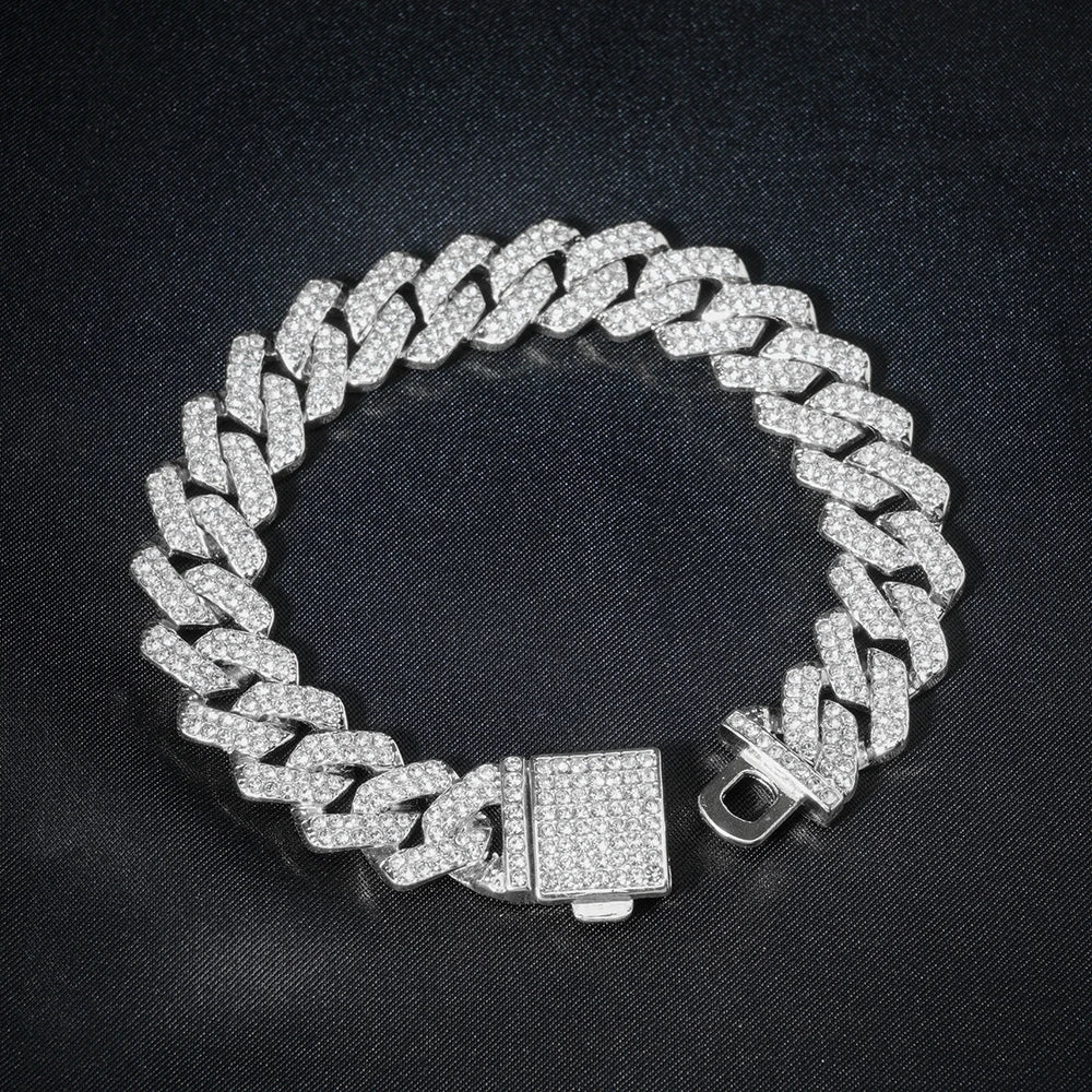 “15mm Silver Cuban Link Rhinestone Bracelet”