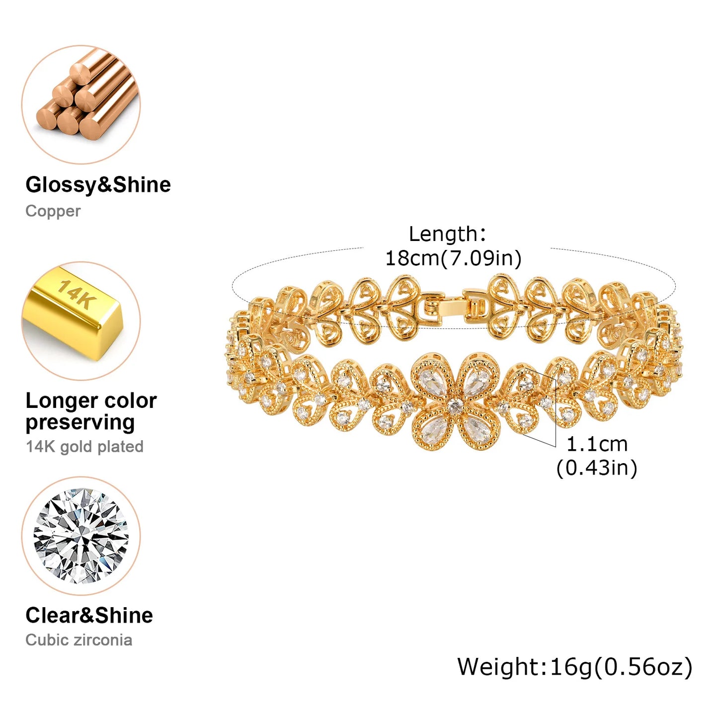 18K Gold-Plated CZ Four-Leaf Bracelet