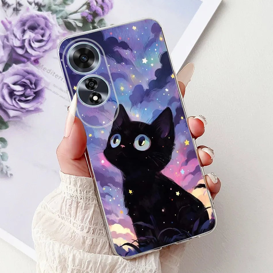 Elegant Floral Cat TPU Cover – OPPO A60