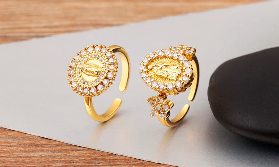 "Retro Virgin Mary Zircon Ring – Adjustable Unisex Jewelry"