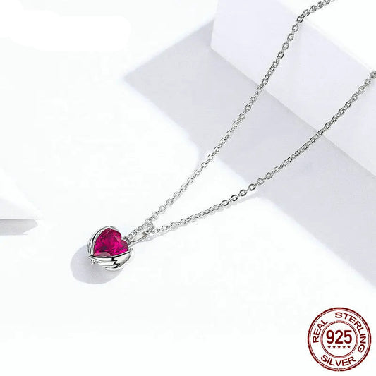 Bamoer Red Heart Wing Pendant Necklace 925 Silver