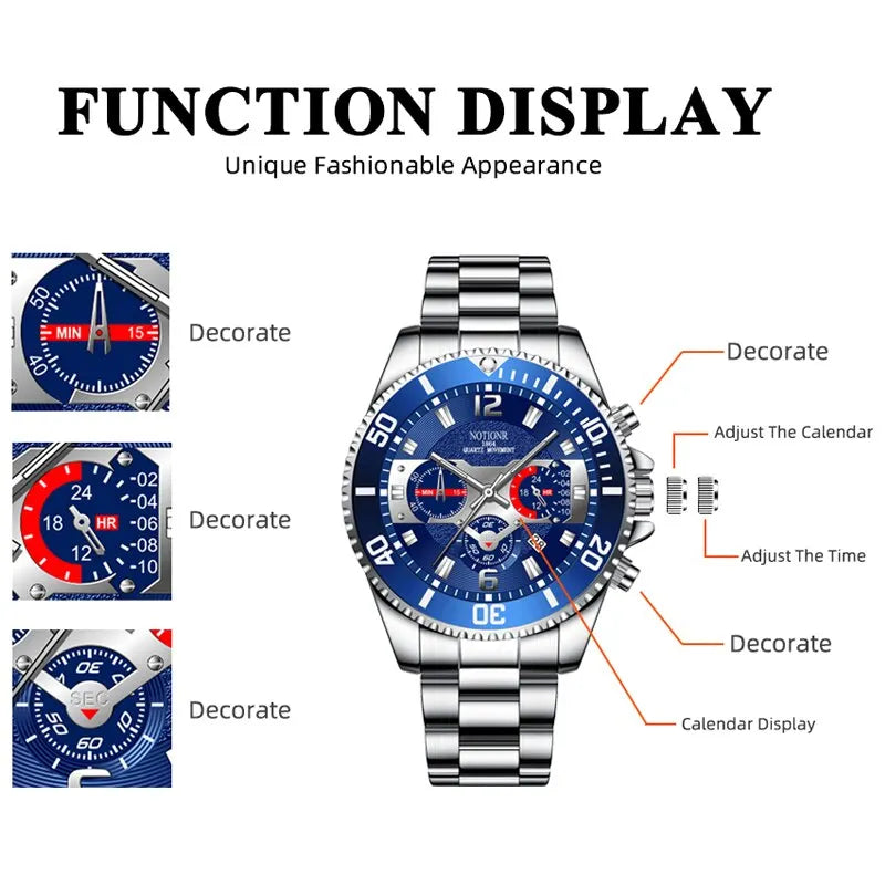 Men's Luxury Quartz Watch, Stainless Steel, Luminous