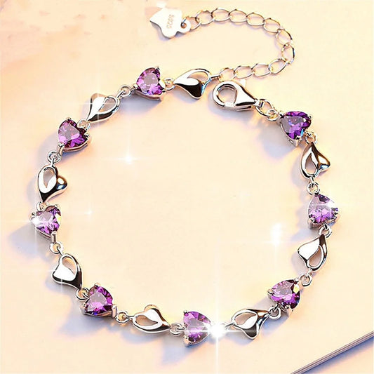 “Luxury S925 Silver Love Bracelet with Purple & Blue Zircon”