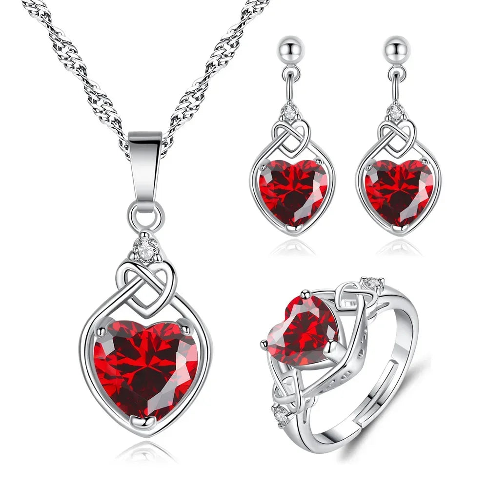 925 Silver Red Heart Zircon Jewelry Se