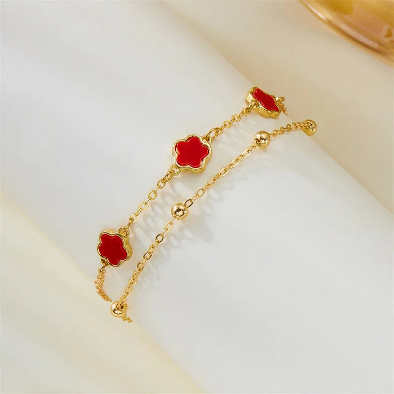 2PCS Lucky 5-Leaf Clover Anklet Set with Flower Charm