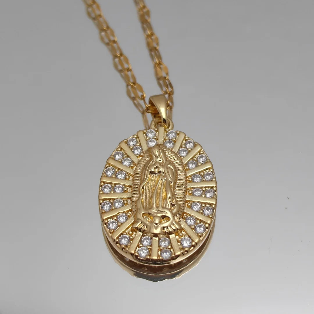 Copper Virgin Mary Zircon Pendant Necklace