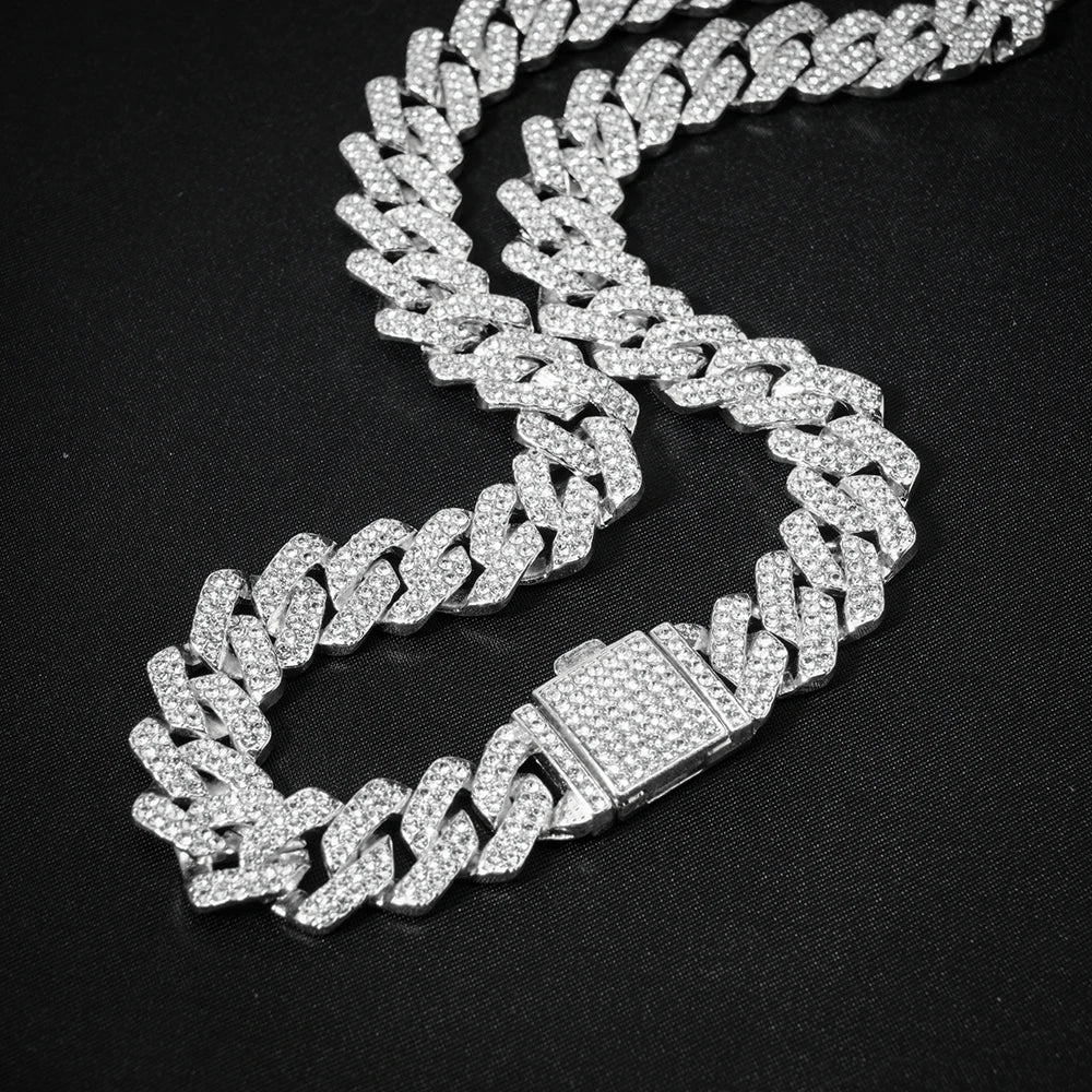 “15mm Silver Cuban Link Rhinestone Bracelet”