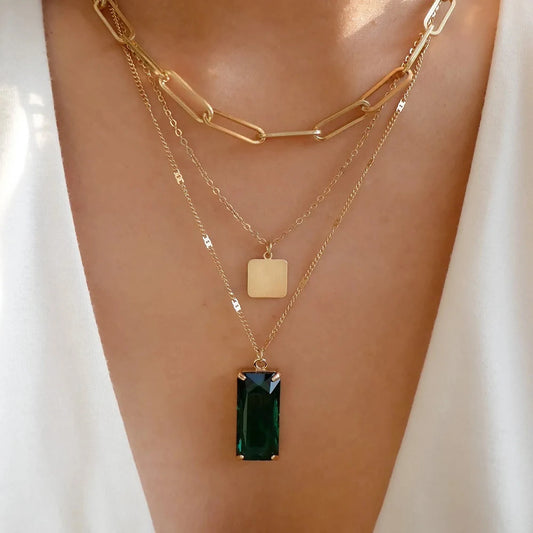 Vintage Multi-layer Green Crystal Stainless Steel Necklace