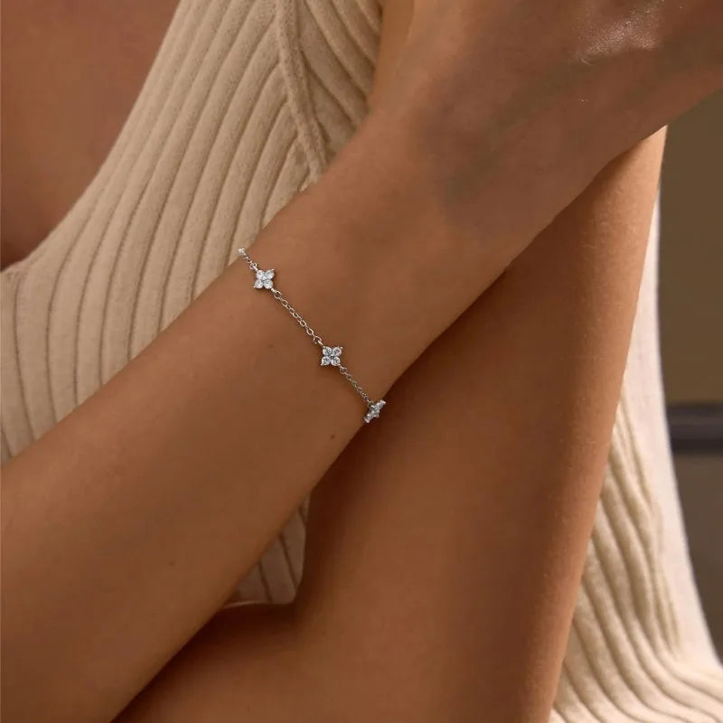 925 Silver CZ Four-Leaf Flower Bracelet