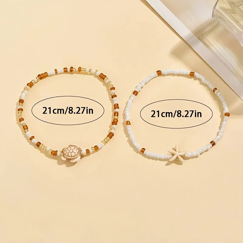 2PCS Brown Starfish & Turtle Anklet, Beach Theme