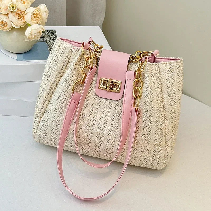 Chic Straw Woven Tote with Chain Leather Strap
