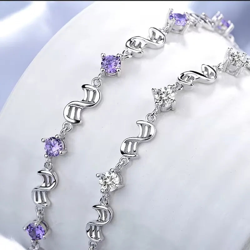 “925 Silver Purple & White Zirconia Bracelet 17+4CM”
