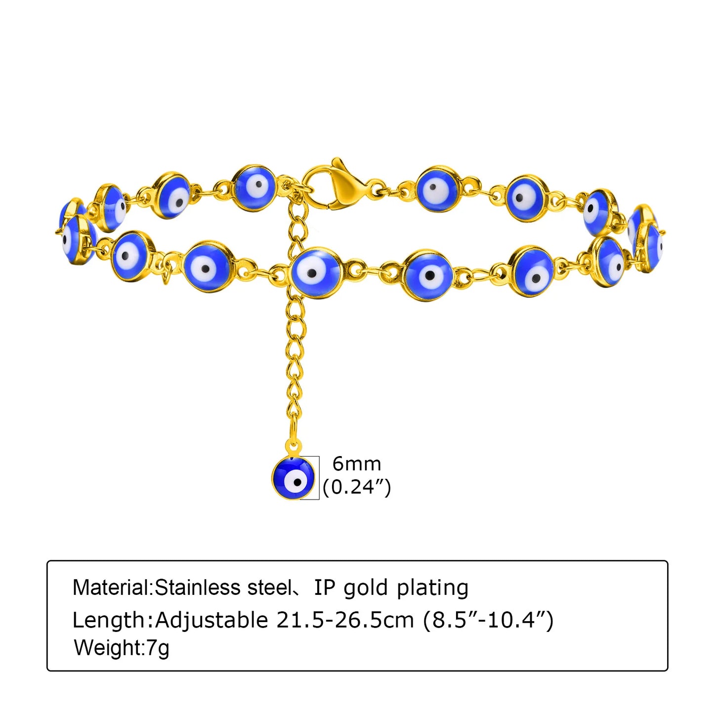 Stainless Steel Evil Eye Anklet, Blue Beads