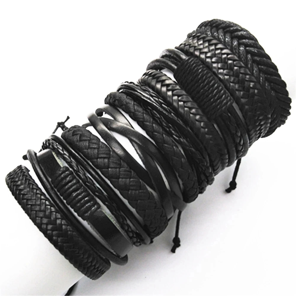 10pcs Black Woven Leather Bracelets Set”