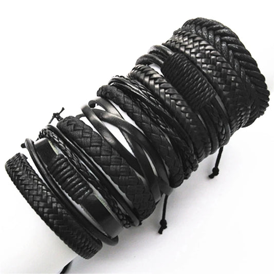 10pcs Black Woven Leather Bracelets Set”