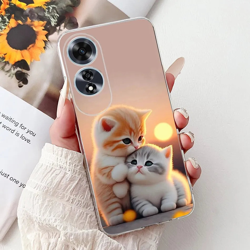 Elegant Floral Cat TPU Cover – OPPO A60