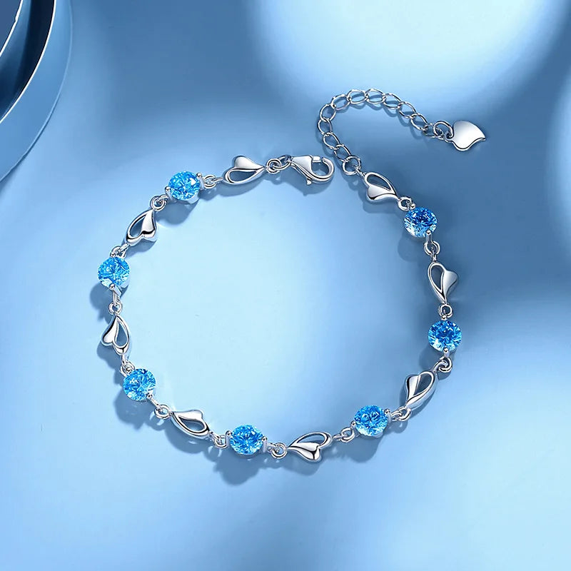 “Luxury S925 Silver Love Bracelet with Purple & Blue Zircon”